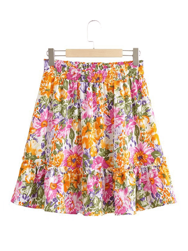 French Vintage Floral Print Suspender Skirt Suit with Ruffle Detail - SALA