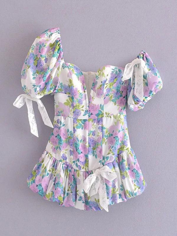 Women’s Puff Sleeve Floral Dress With Ruffle Skirt Design - SALA