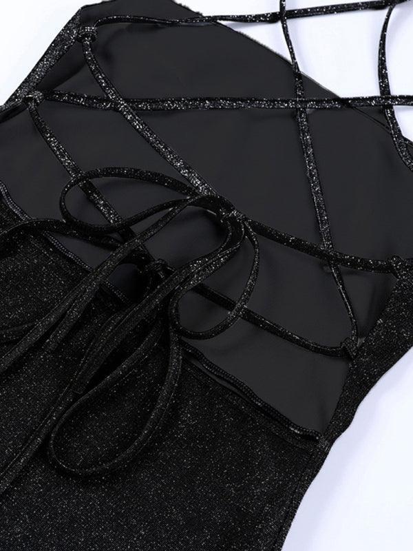 Women’s Backless Skirt Dress With Spaghetti Straps + Glitter Design - SALA