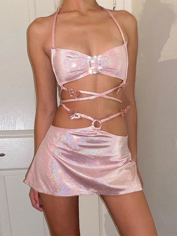 Women's Shiny Two Piece Outfit With High Skirt + Lace-up Bra - SALA