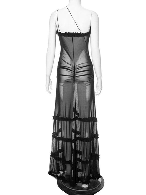 Hollow Pleated Lace Slit Suspender Dress - SALA