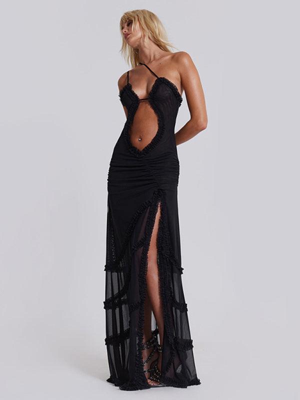 Hollow Pleated Lace Slit Suspender Dress - SALA