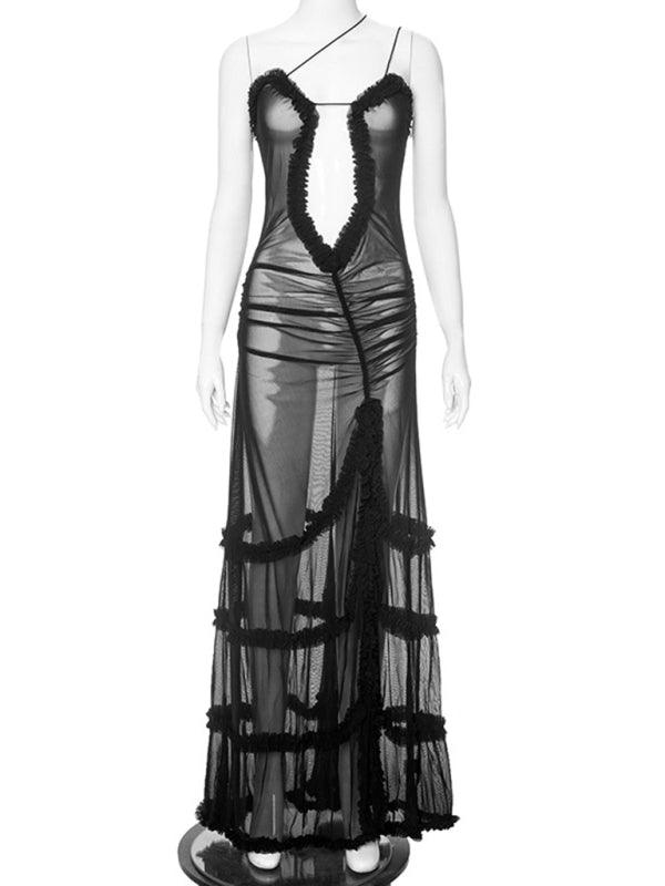 Hollow Pleated Lace Slit Suspender Dress - SALA