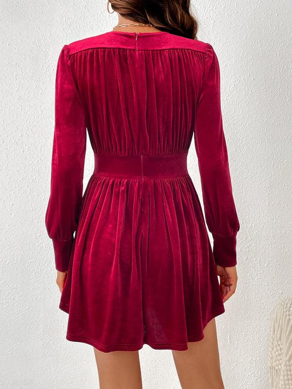 Luxurious Velvet V-Neck Long-Sleeve Party Dress with Flared Skirt - SALA