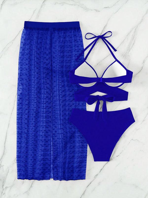 Mesh Skirt Bikini Set with Solid Color Top - Three-Piece Ensemble - SALA