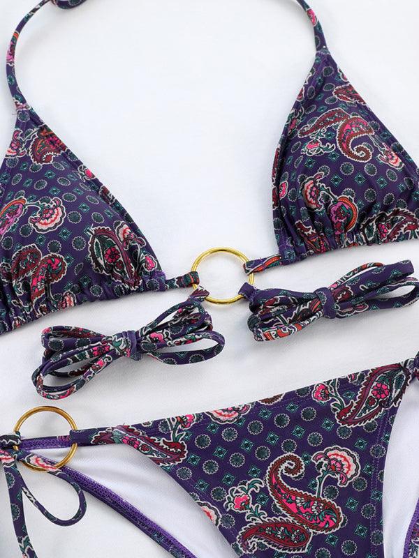 Metallic Ring Printed Strappy Bikini Set - SALA