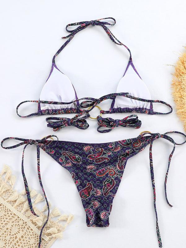 Metallic Ring Printed Strappy Bikini Set - SALA