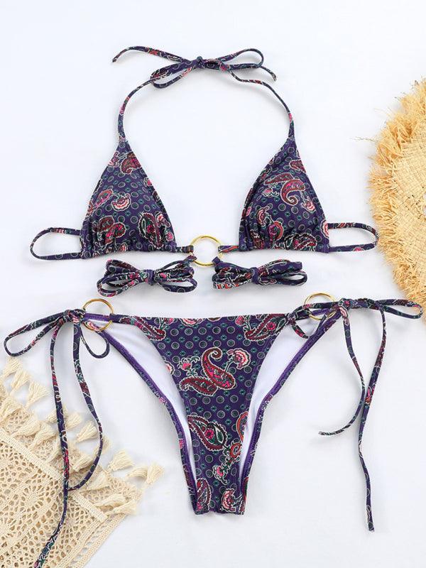 Metallic Ring Printed Strappy Bikini Set - SALA