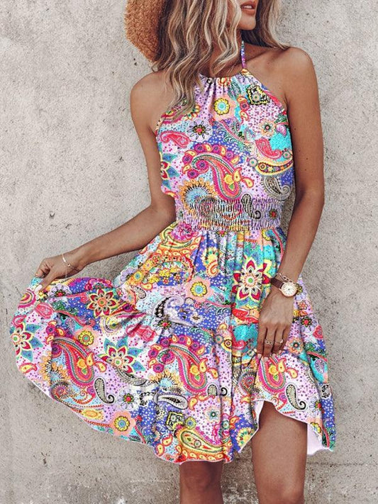 Off-Shoulder Halterneck Printed Women's Dress for Chic Summer Days - SALA