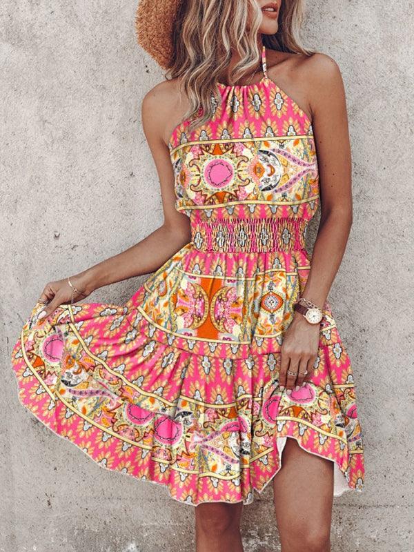 Off-Shoulder Halterneck Printed Women's Dress for Chic Summer Days - SALA