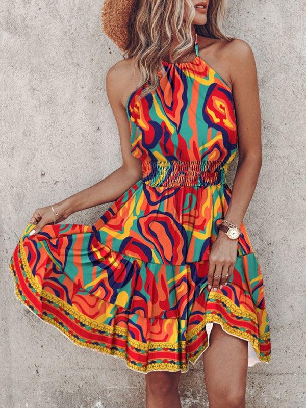 Off-Shoulder Halterneck Printed Women's Dress for Chic Summer Days - SALA