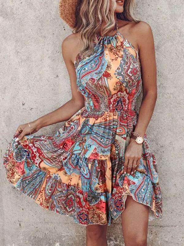 Off-Shoulder Halterneck Printed Women's Dress for Chic Summer Days - SALA