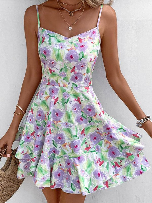 Oil Painting Floral Flounce Waist Skirt Dress - SALA