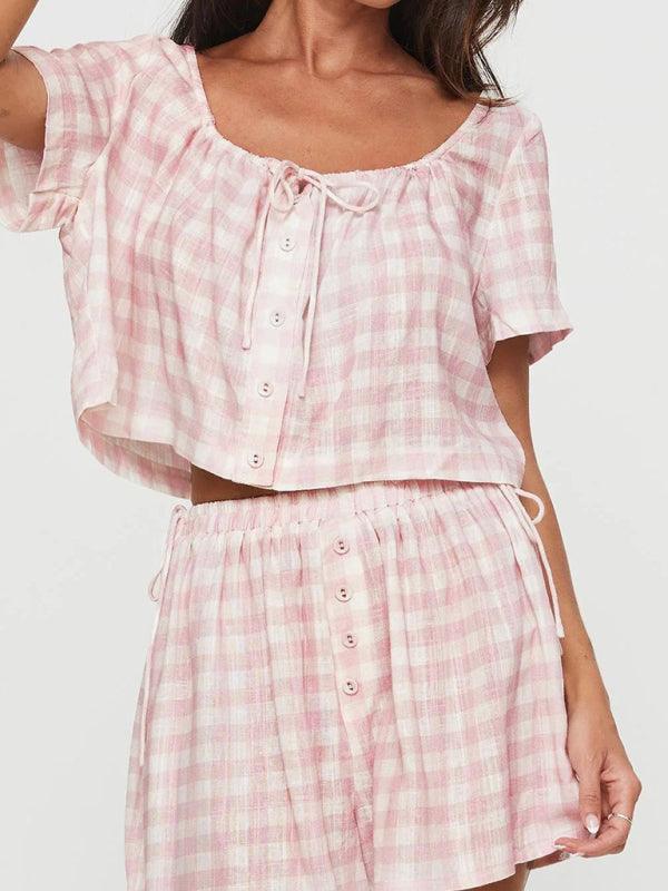Pink Plaid Bow Tie Top and Buttoned Shorts Set - SALA