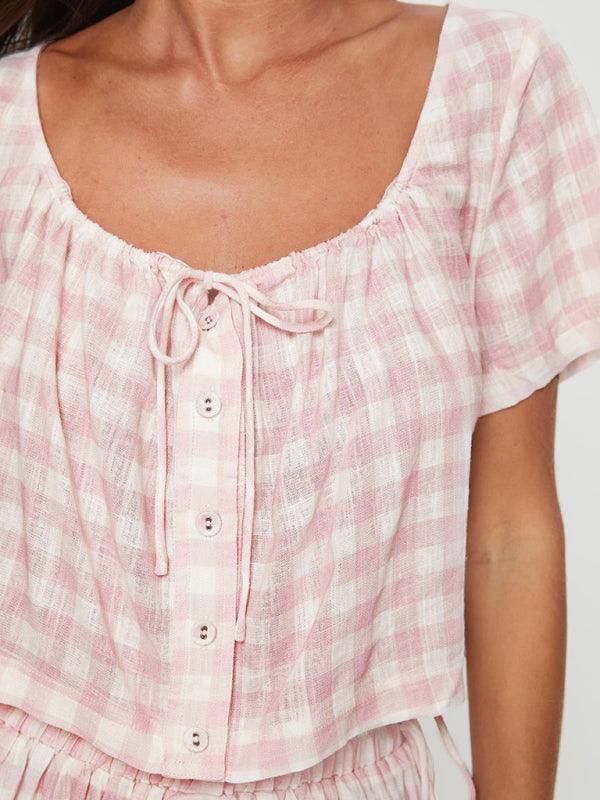 Pink Plaid Bow Tie Top and Buttoned Shorts Set - SALA