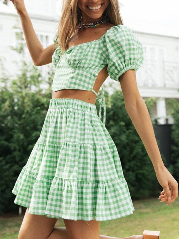 Plaid Chic Backless Tie Top with Cake Skirt Set - SALA