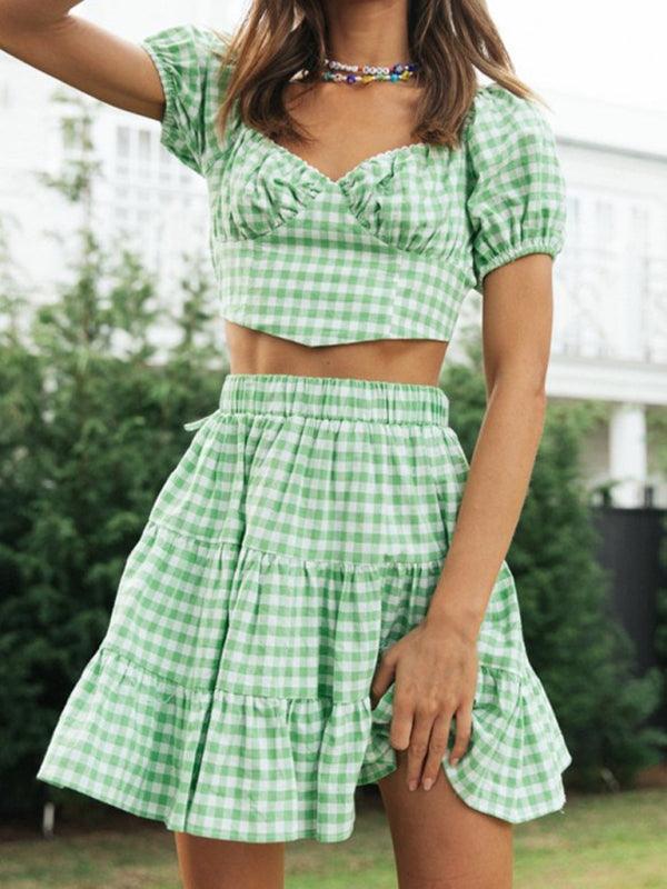 Plaid Chic Backless Tie Top with Cake Skirt Set - SALA