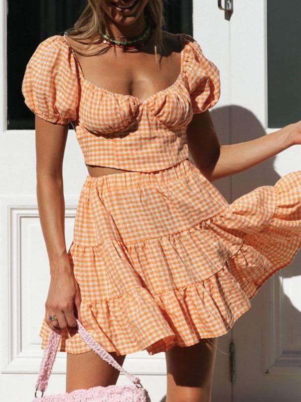 Plaid Chic Backless Tie Top with Cake Skirt Set - SALA