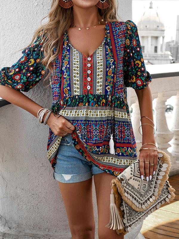 Resort Chic Tassel Print V-Neck Top for Women - SALA