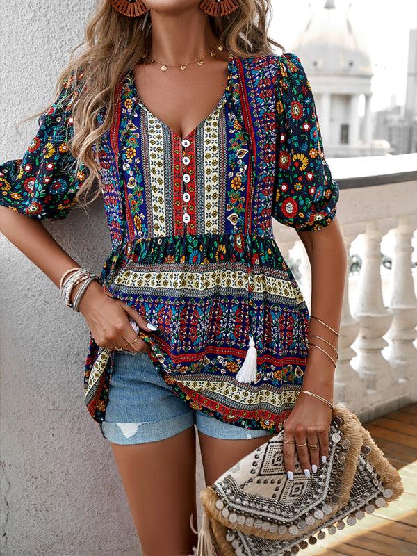 Resort Chic Tassel Print V-Neck Top for Women - SALA