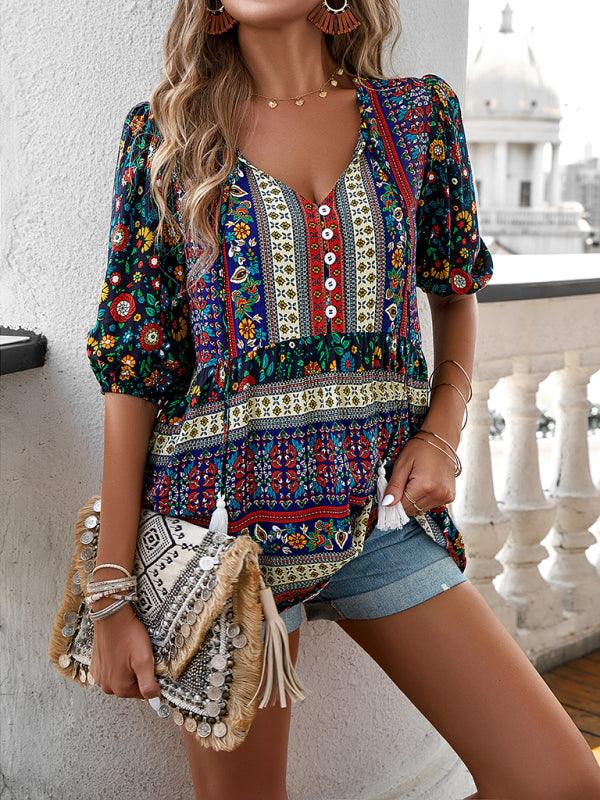 Resort Chic Tassel Print V-Neck Top for Women - SALA