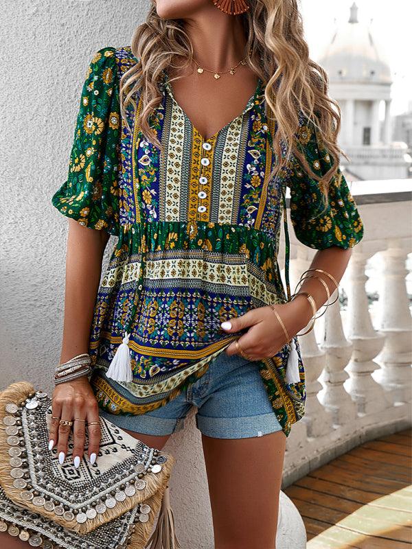 Resort Chic Tassel Print V-Neck Top for Women - SALA