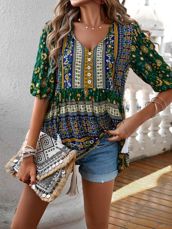 Resort Chic Tassel Print V-Neck Top for Women - SALA