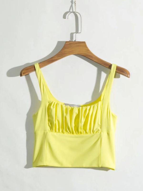 Retro Chic Pleated Square Neck High Waisted Halter Top - SALA