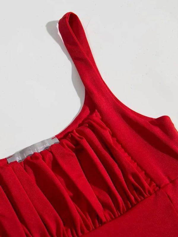 Retro Chic Pleated Square Neck High Waisted Halter Top - SALA