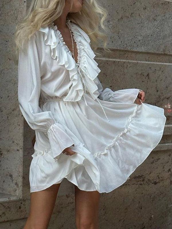 Romantic White V-Neck Smocked Trumpet Sleeves Ruffled Waist Dress - SALA