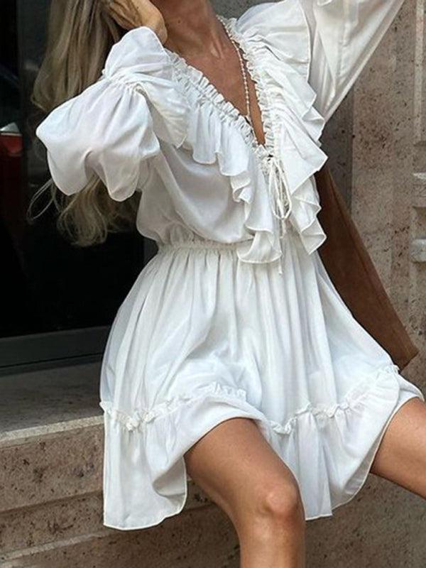 Romantic White V-Neck Smocked Trumpet Sleeves Ruffled Waist Dress - SALA