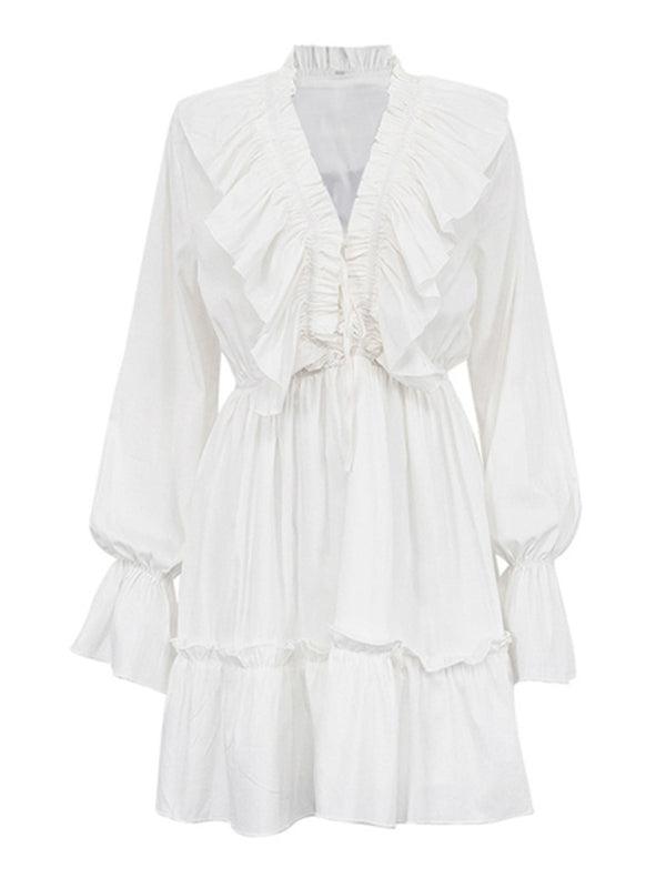 Romantic White V-Neck Smocked Trumpet Sleeves Ruffled Waist Dress - SALA