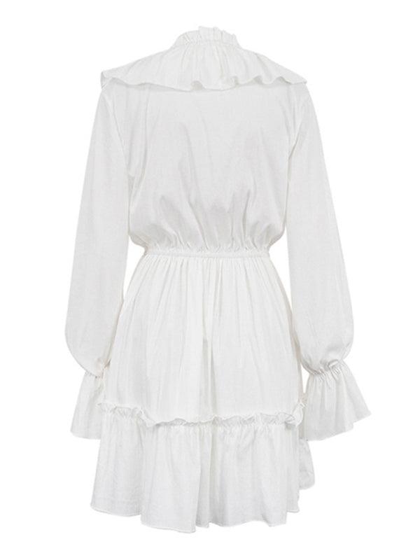 Romantic White V-Neck Smocked Trumpet Sleeves Ruffled Waist Dress - SALA