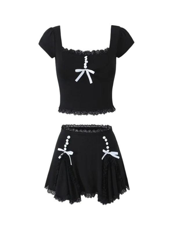 Seductive Bow Detail Top and Lace Skirt Set - SALA