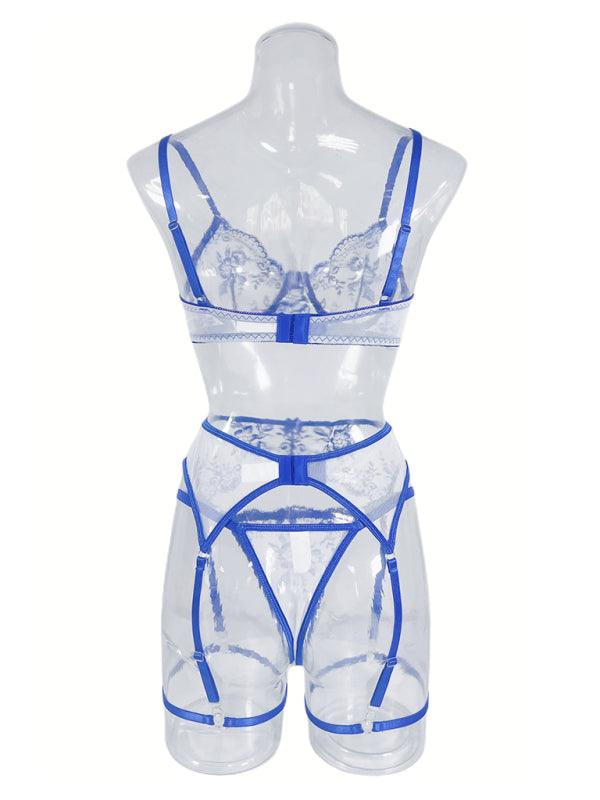 Seductive Embroidered Mesh Belted Lingerie Set - SALA