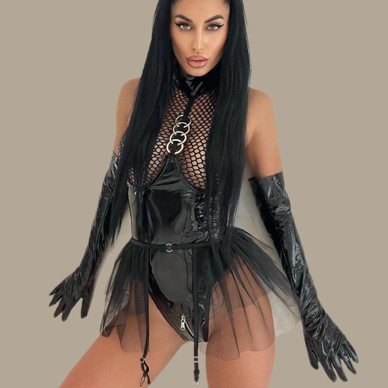 Seductive Grid Splicing PU Leather Halter Neck Bodysuit - SALA