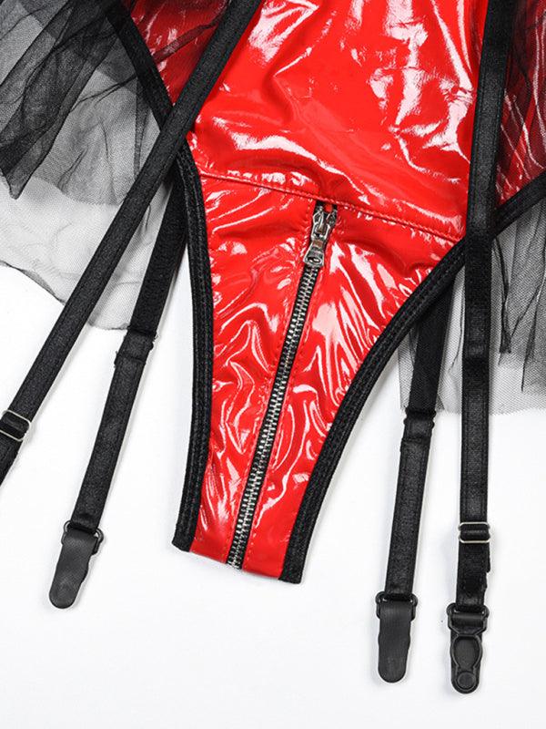 Seductive Grid Splicing PU Leather Halter Neck Bodysuit - SALA