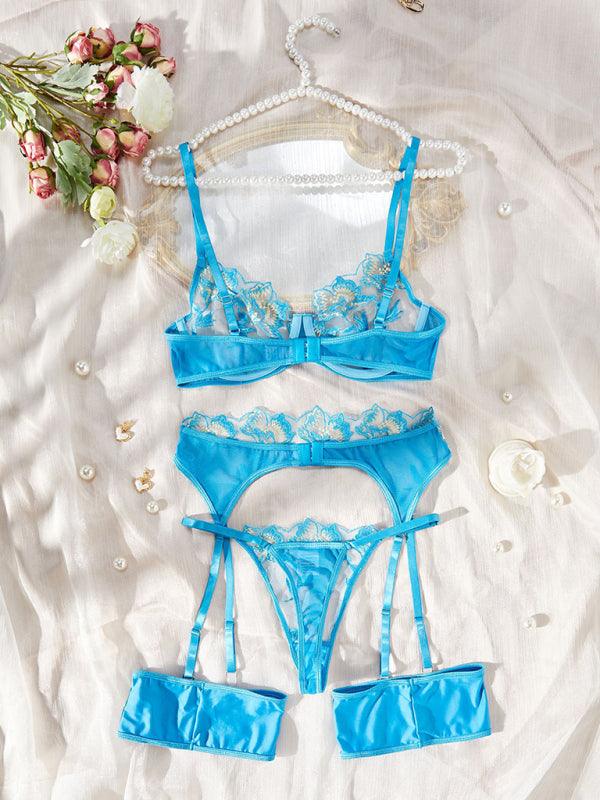 Seductive Lace Embroidery Floral Lingerie and Garter Set - SALA