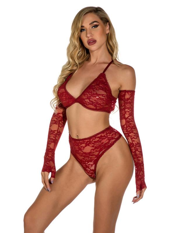 Seductive Lace Transparent Lingerie Set with Gloves - Sultry Home Attire - SALA