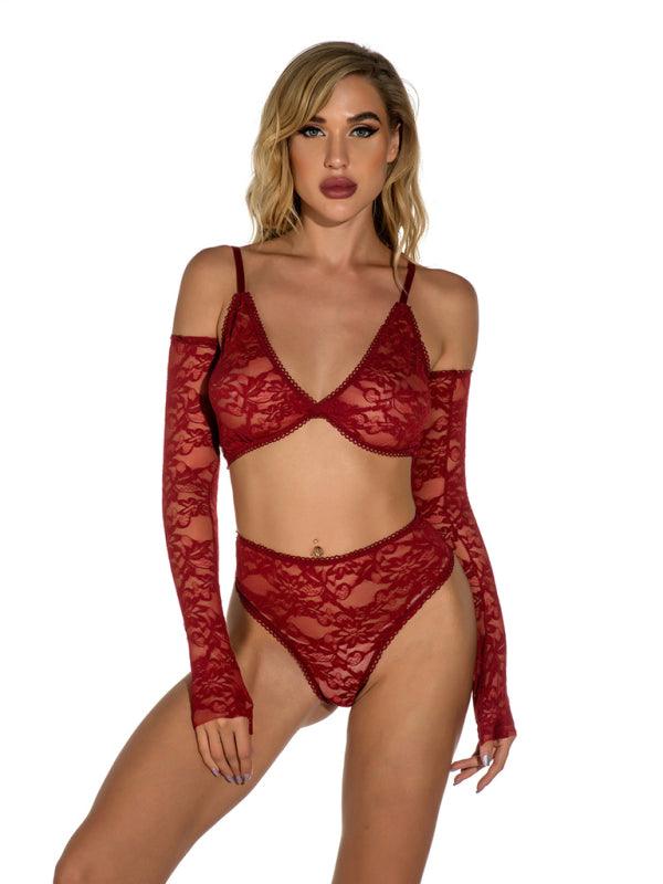 Seductive Lace Transparent Lingerie Set with Gloves - Sultry Home Attire - SALA