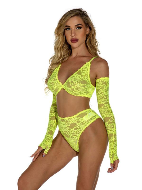 Seductive Lace Transparent Lingerie Set with Gloves - Sultry Home Attire - SALA