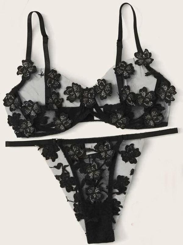 Seductive Mesh Embroidered Bra Set with Floral Appliqué - SALA