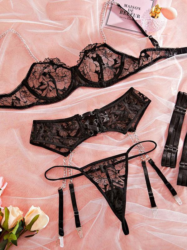 Seductive Mesh Embroidered Cross Cutout Lingerie Set for a Sensual Night Out - SALA