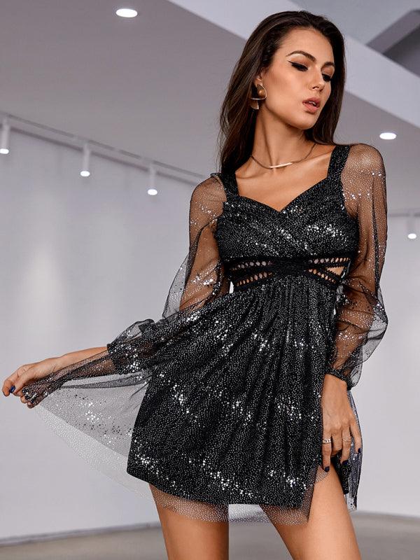 Seductive Sparkle V-neck Lace Hollow Mini Dress - SALA