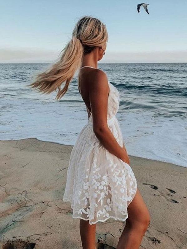 Seductive V-Neck Lace Suspender Beach Dress - SALA