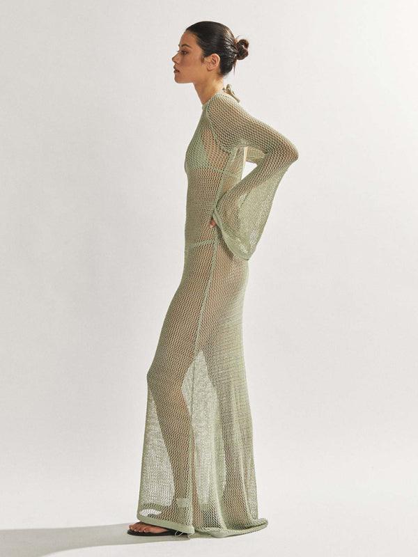 Sensual Knit Backless Maxi Dress with Long Sleeves - SALA