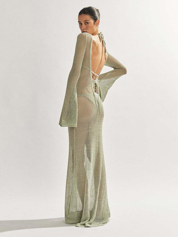 Sensual Knit Backless Maxi Dress with Long Sleeves - SALA