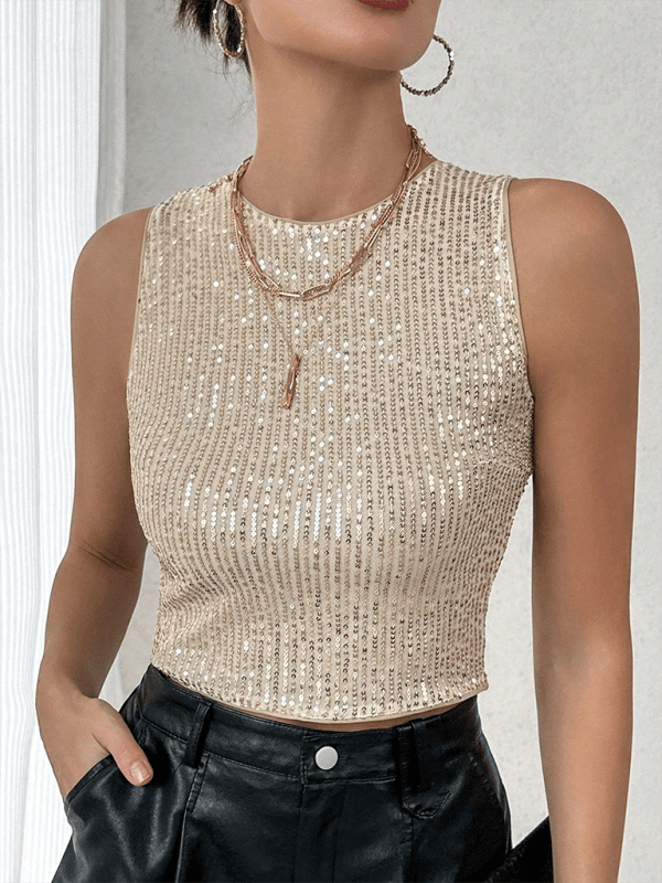 Sequin Embellished Sleeveless Top with Solid Color Palette - SALA