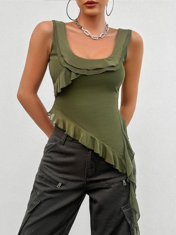 Sleeveless Mesh Top in Solid Color with U-Neck for Women - SALA