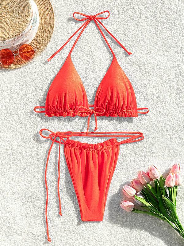 Solid Color Drawstring Split Bikini Set - Stylish Beachwear - SALA